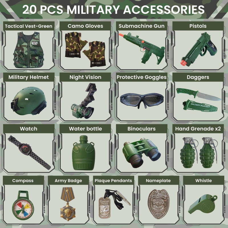 ZIRSENG 20 Piece Army Costume for Kids  Soldier Military Dress up for Boys 3-10  Kids Army Gear Role Play  Halloween Costume Camouflage Set with Vest  Camo Gloves  Helmet  Halloween Christmas Gift for Kids - Image 3